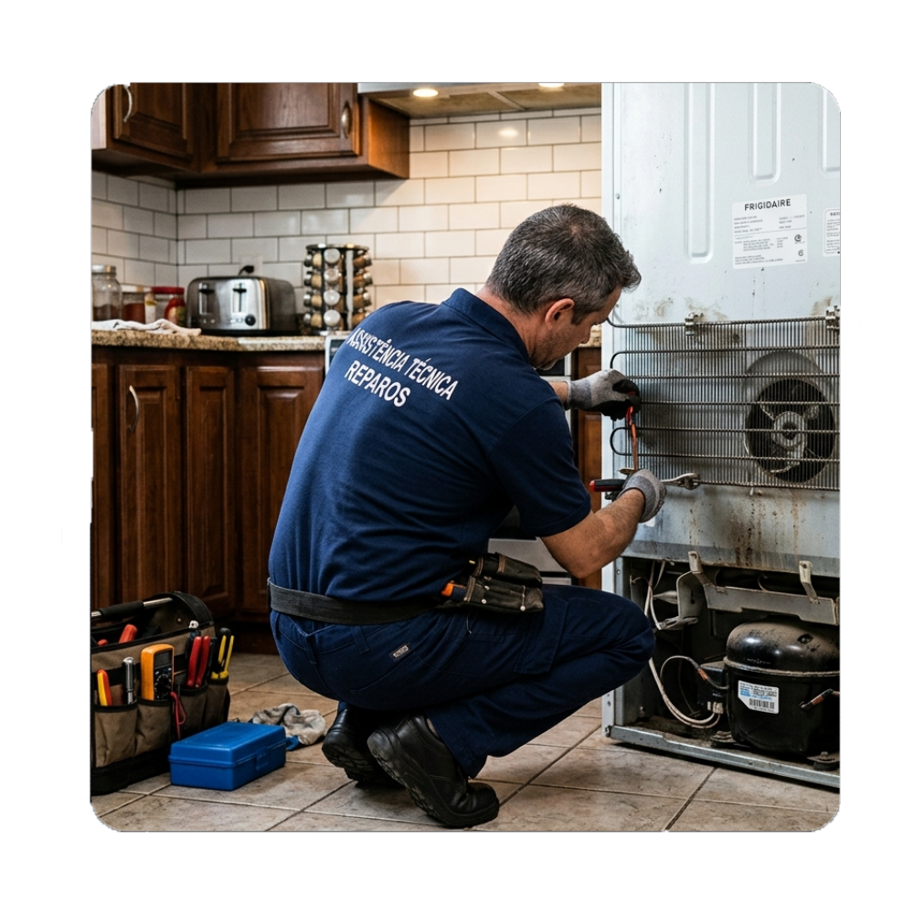 Técnico consertando geladeira