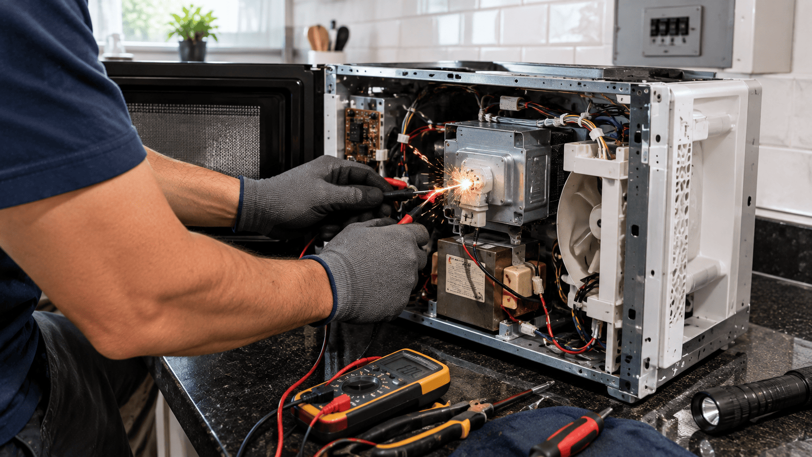 micro-ondas fazendo faísca no interior durante funcionamento